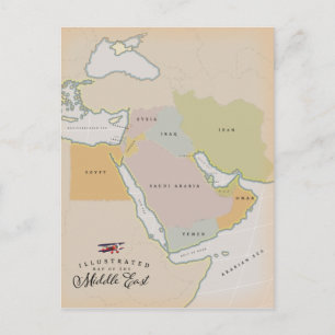 Illustrated map of the Middle East. Postcard