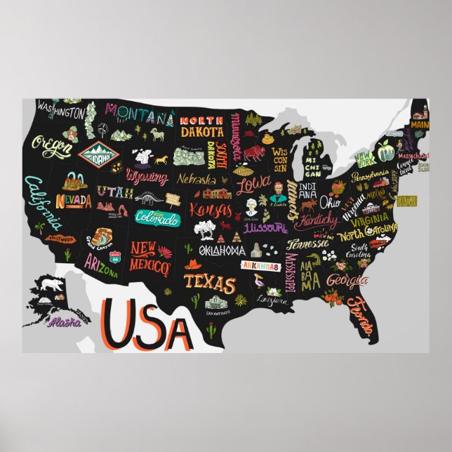 Illustrated map of the USA. Poster with states and (Front)