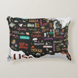 Illustrated map of the USA. Poster with states and Decorative Cushion