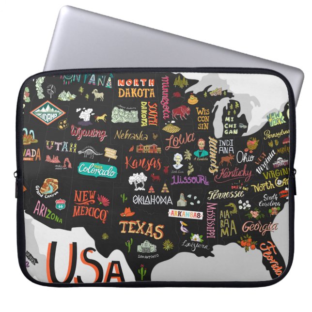 Illustrated map of the USA. Poster with states and Laptop Sleeve (Front)