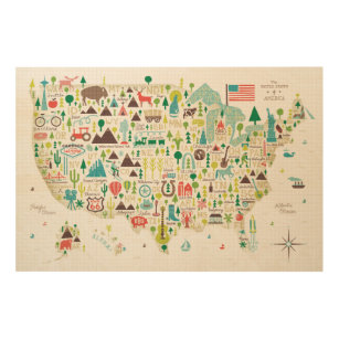 Illustrated Map of the USA Wood Wall Art