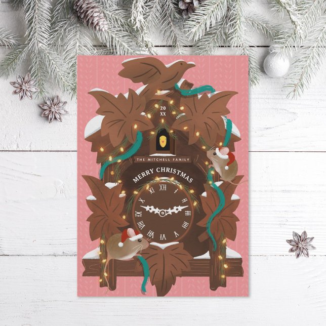 Illustrated Mice on Christmas Cuckoo Clock Pink Holiday Card (Creator Uploaded)