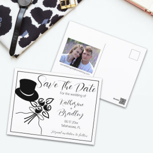 Illustrated Minimalist B/W Script Save the Date Postcard