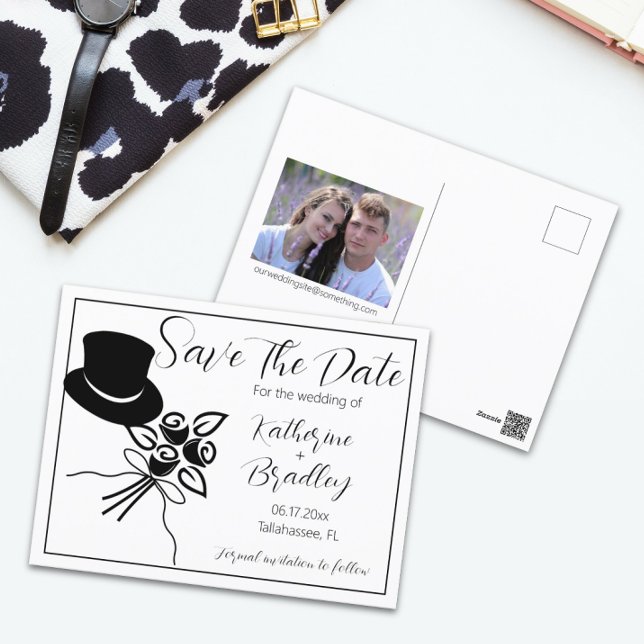 Illustrated Minimalist B/W Script Save the Date Postcard (Creator Uploaded)