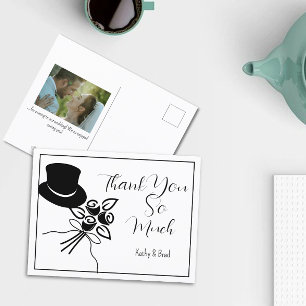 Illustrated Minimalist B/W Script Wedding Thanks Postcard