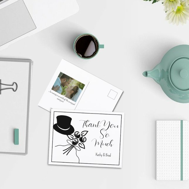 Illustrated Minimalist B/W Script Wedding Thanks Postcard (Creator Uploaded)