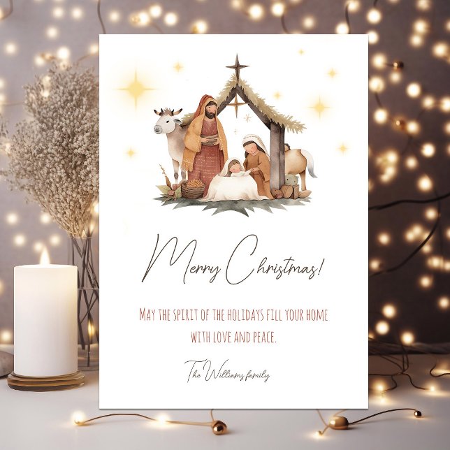 Illustrated Nativity Scene Christmas Card (Christmas nativity card with personalized text)