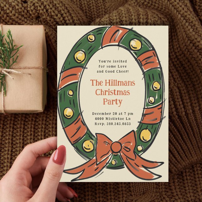 Illustrated Oval Cartoon Wreath Holiday Party Invitation (Creator Uploaded)