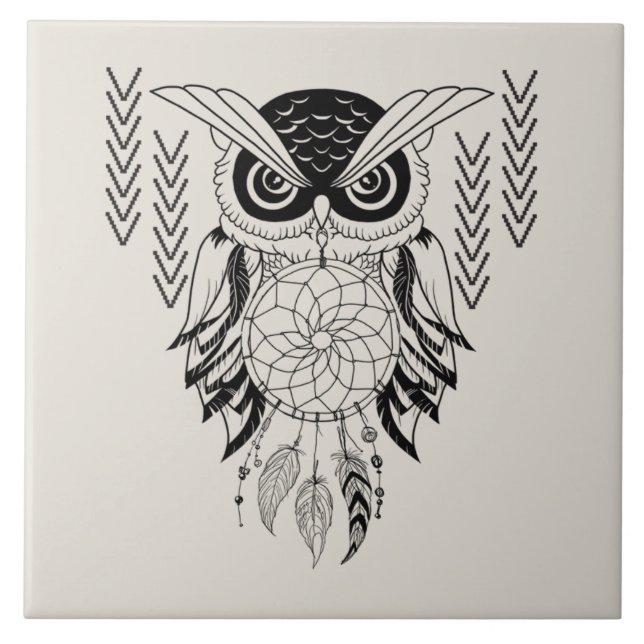 Illustrated Owl with dream catcher Tile (Front)