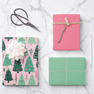 Illustrated Pink Christmas Tree Wrapping Paper