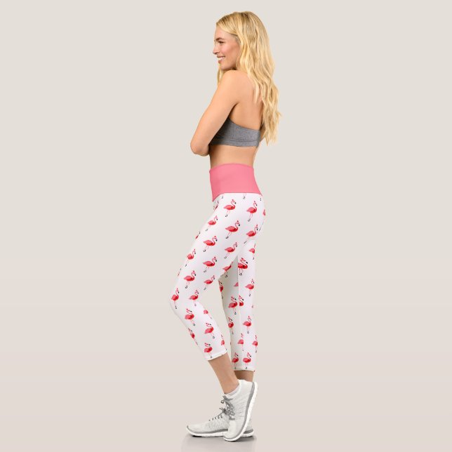 Illustrated Pink Flamingo Santa Christmas Capri Leggings (Left)