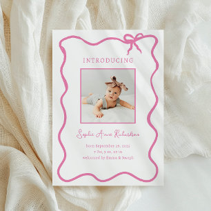 Illustrated Pink French Bow   Baby Birth Announcement