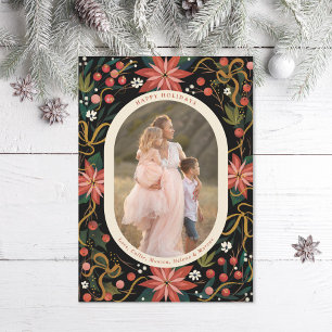 Illustrated Poinsettias Gold Ribbon Photo Holiday Card