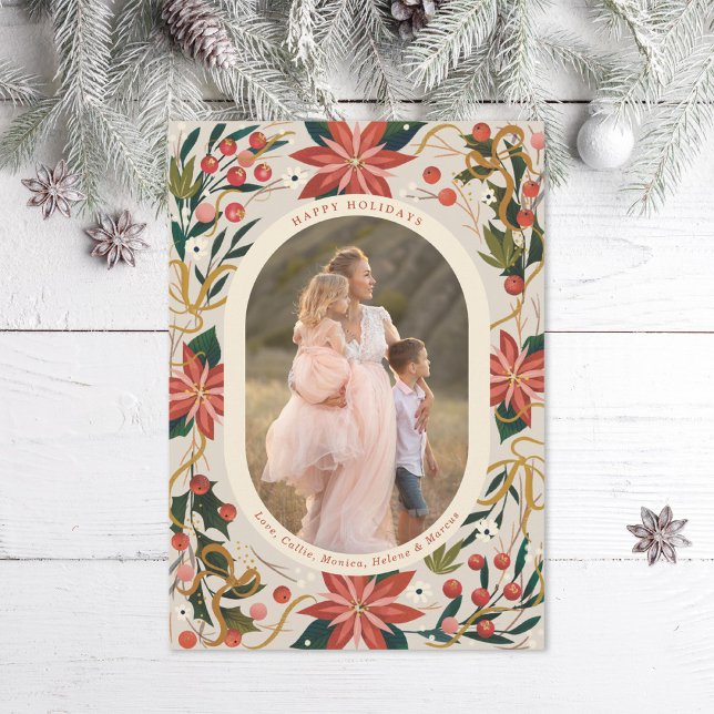 Illustrated Poinsettias Gold Ribbon Photo Holiday Card (Creator Uploaded)