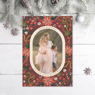Illustrated Poinsettias Gold Ribbon Photo Holiday Card