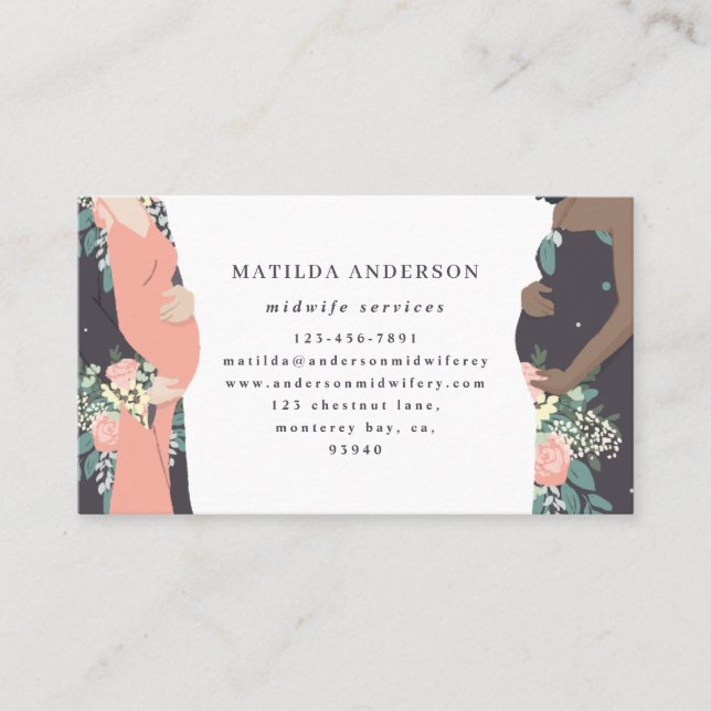 Illustrated prgenant mum colourful + floral business card (Front)