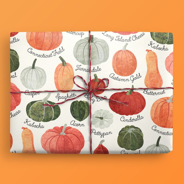 Illustrated Pumpkin Types with Labels Wrapping Paper (Gift mockup)
