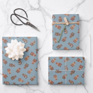 Illustrated Quokkas on Light Gray-Blue Wrapping Paper Sheet