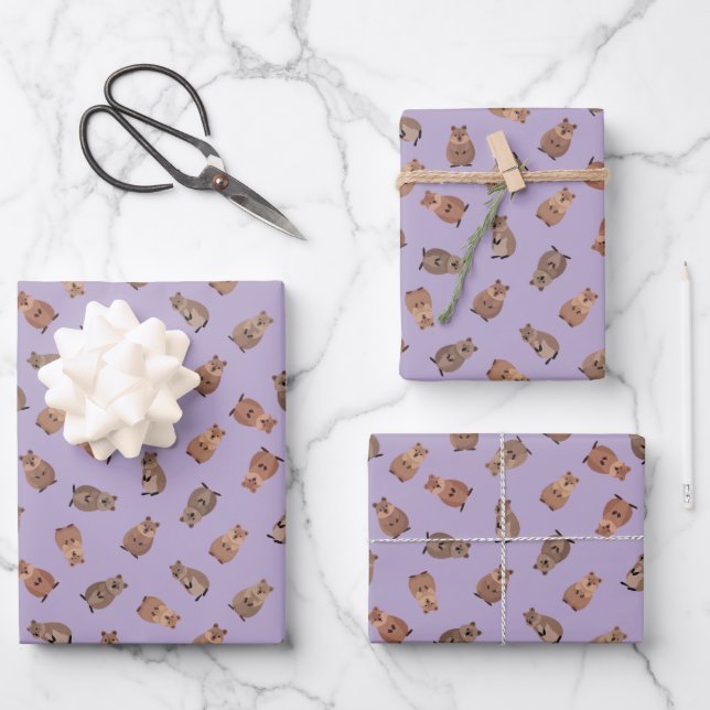 Illustrated Quokkas on Light Purple Wrapping Paper Sheet (Front)