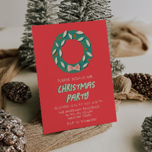 Illustrated Red Green Christmas Bow Wreath Party  Invitation