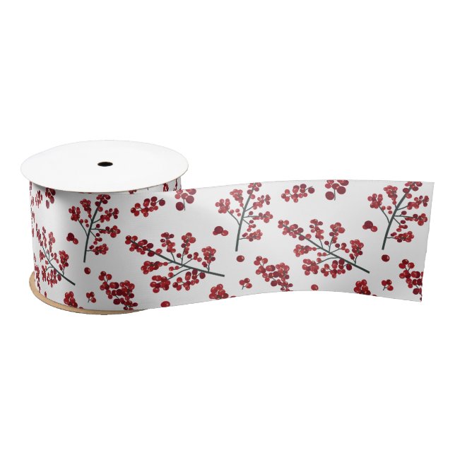 Illustrated Red Holly Berries Satin Ribbon (Spool)