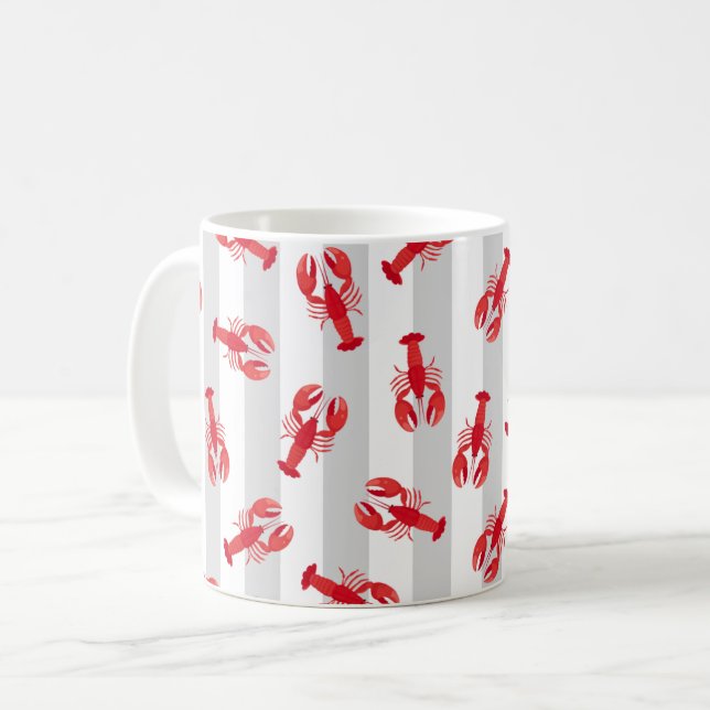 Illustrated Red Lobsters on Light Gray Stripes Coffee Mug (Front Left)