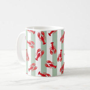 Illustrated Red Lobsters on Light Green Stripes Coffee Mug