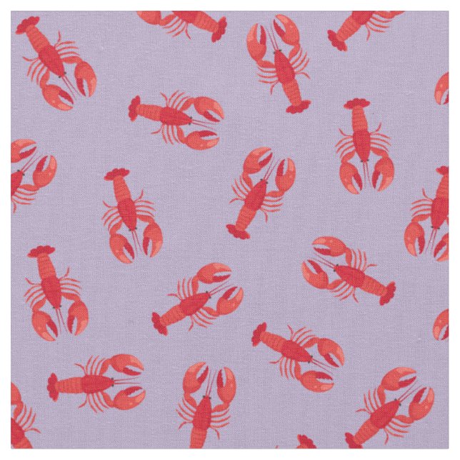 Illustrated Red Lobsters on Light Purple Fabric (Close Up)