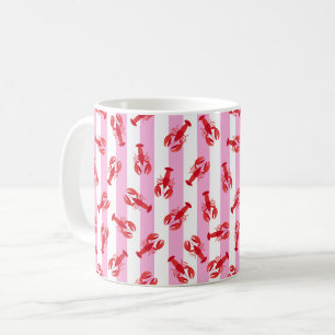 Illustrated Red Lobsters on Pink Stripes Coffee Mug