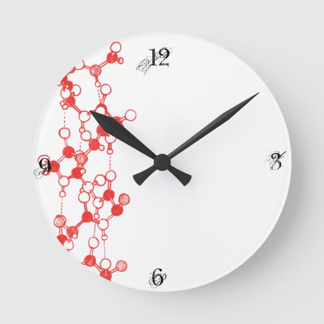 Illustrated Red Molecules Structure Round Clock (Front)