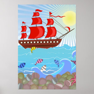 Illustrated Red Pirate Ship Poster