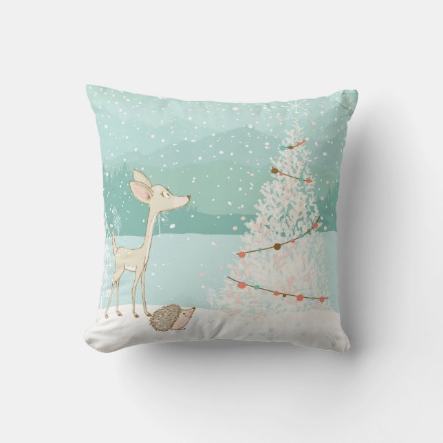 Illustrated Snowy Christmas Pillow (Front)