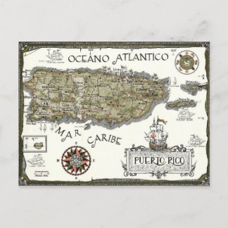 Illustrated Spanish Puerto Rico Map Postcard