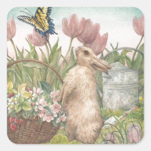 Illustrated Spring Bunny in Garden Square Sticker