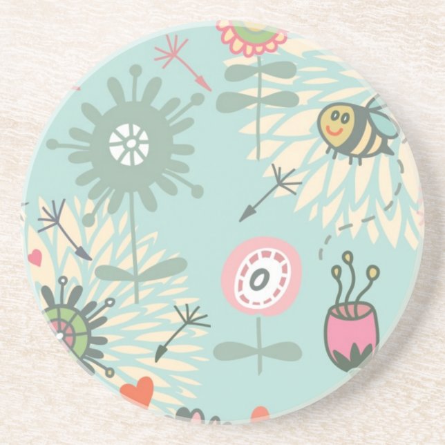 Illustrated Spring Flowers and Bees Coaster (Front)