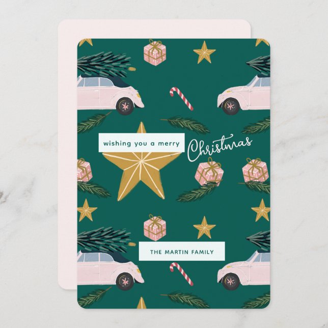 Illustrated Teal Pink Christmas Tree Cars Holiday (Front/Back)