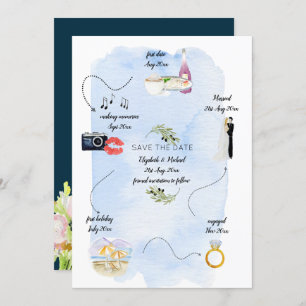 Illustrated Timeline of how we met Save The Date Invitation