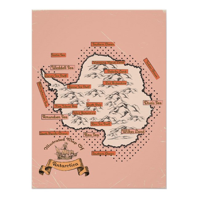 Illustrated Travel map Antarctica Poster (Front)