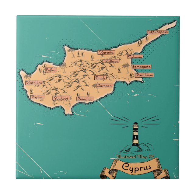 Illustrated Travel map Cyprus Tile (Front)