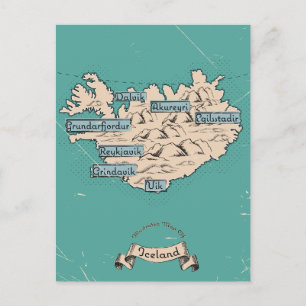Illustrated Travel map Iceland Announcement Postcard