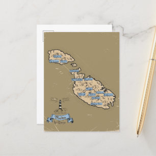 Illustrated Travel map Malta Announcement Postcard