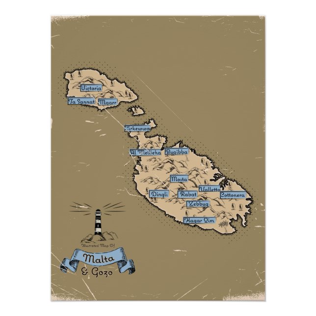 Illustrated Travel map Malta Poster (Front)