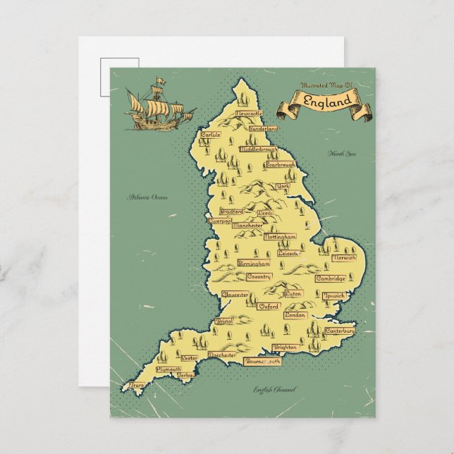 Illustrated Travel map of England Invitation Postcard (Front/Back)
