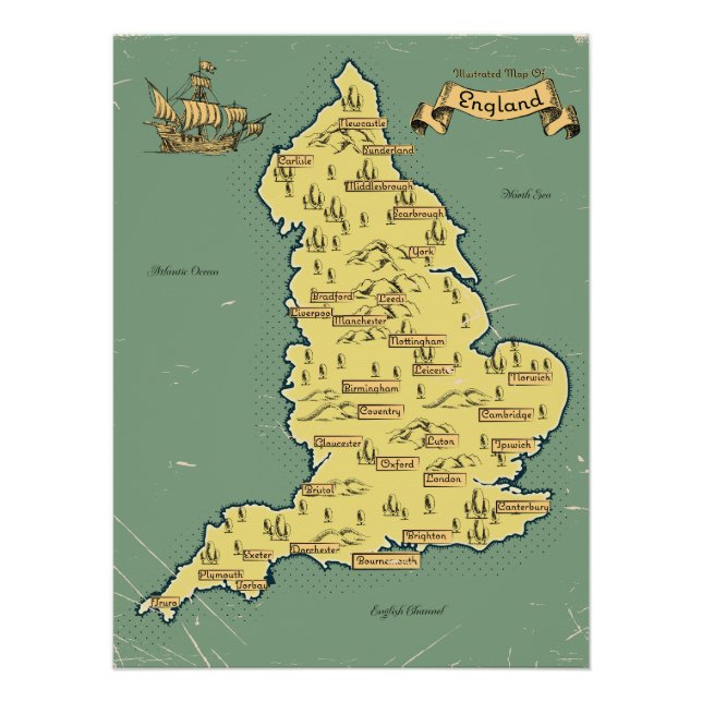 Illustrated Travel map of England Poster (Front)