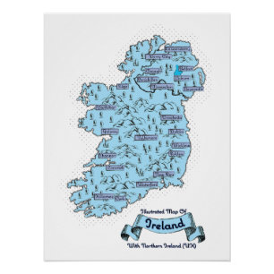 Illustrated Travel map of Ireland Poster