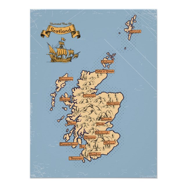 Illustrated Travel map of Scotland Poster (Front)