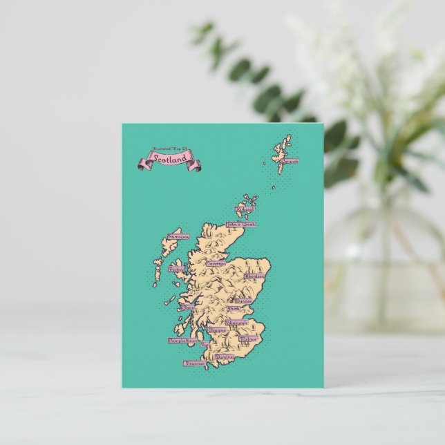 Illustrated Travel map of Scotland (Teal Version) Invitation Postcard (Standing Front)