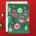 Illustrated Tropical Christmas Ornaments  Holiday Card<br><div class="desc">Send a little slice of paradise to your loved ones – because Christmas can be merry and bright, even without the snow! Vibrant illustrations of flamingos and tropical fruits ornaments. Customise this card with your name and year. The gold glitter used in this print is simulated, not real glitter. Original...</div>
