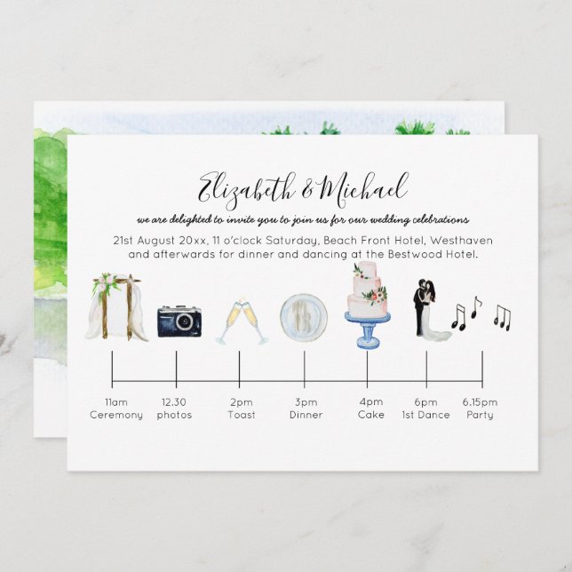 Illustrated Tropical Wedding Timeline Invitation (Front/Back)