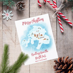 Illustrated Unique North Pole Map Merry Christmas  Holiday Postcard